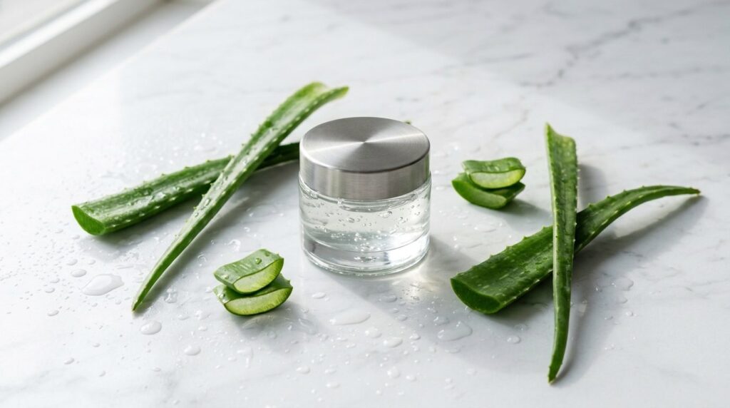 Luxury beauty product flat lay: Transparent aloe vera gel in