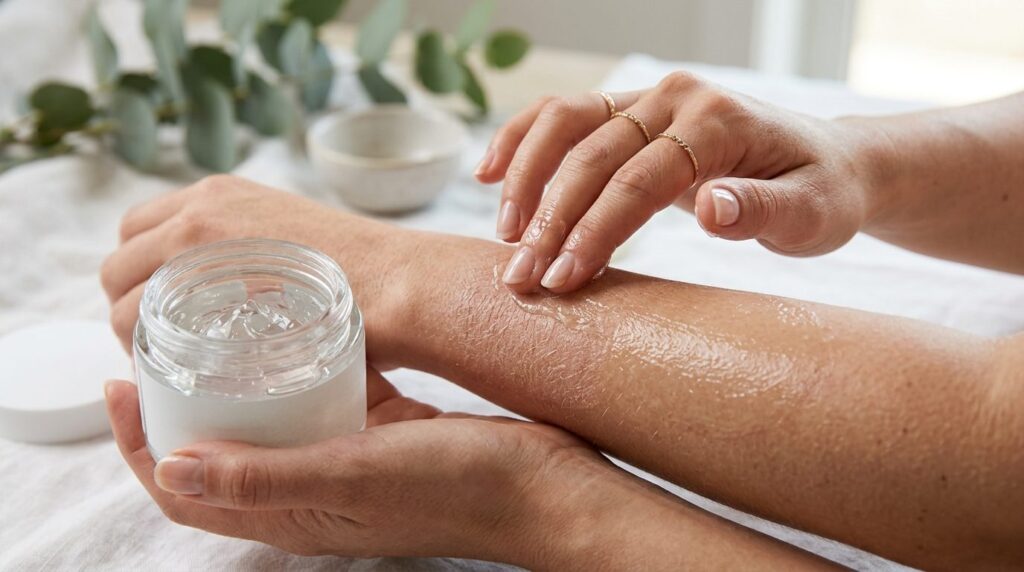 Dermatology skincare scene: Womans hand holding a jar of cl