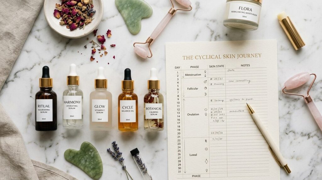 Flat lay beauty skincare composition featuring serum bottles