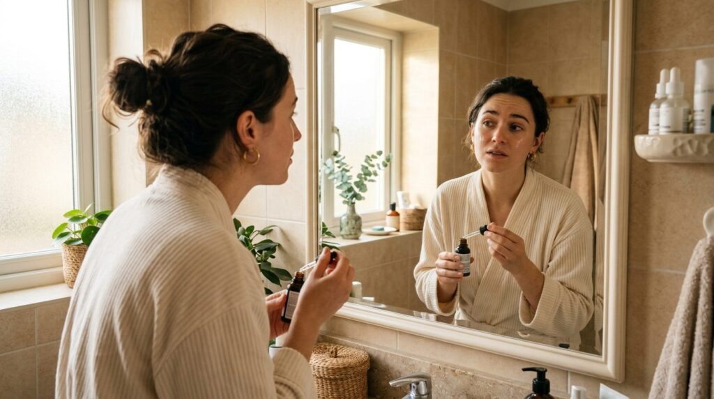 Woman applying facial serum in bathroom, looking at reflecti