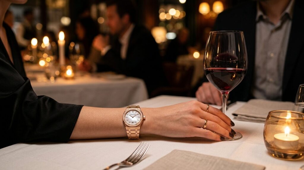 Upscale restaurant ambiance photography, 16:9 aspect ratio.
