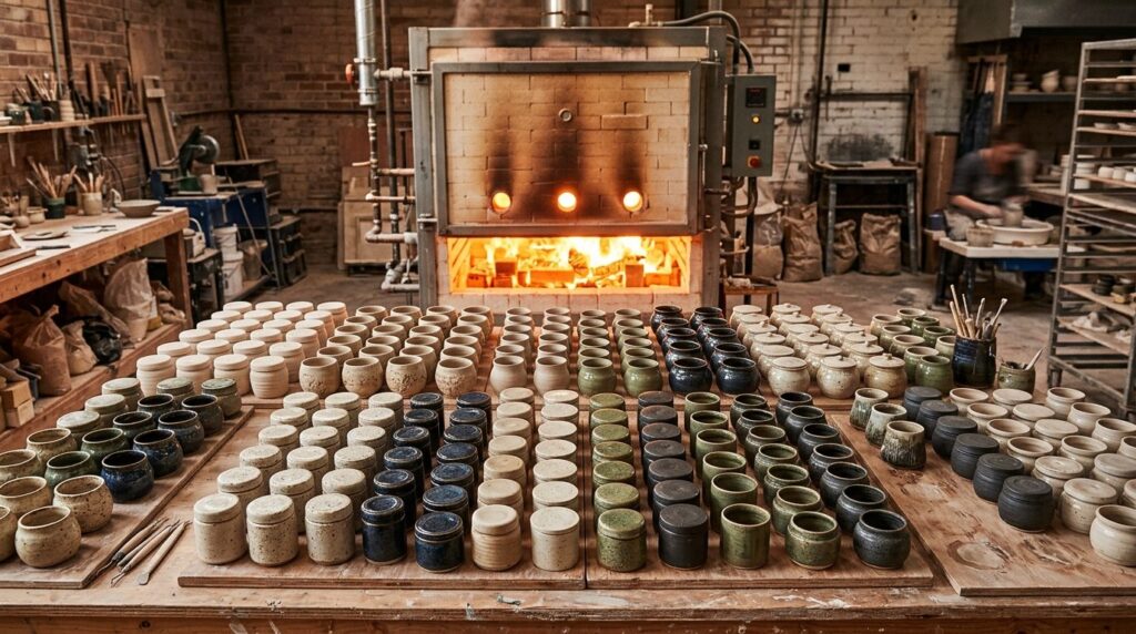 Close-up overhead view of multiple ceramic beauty product co