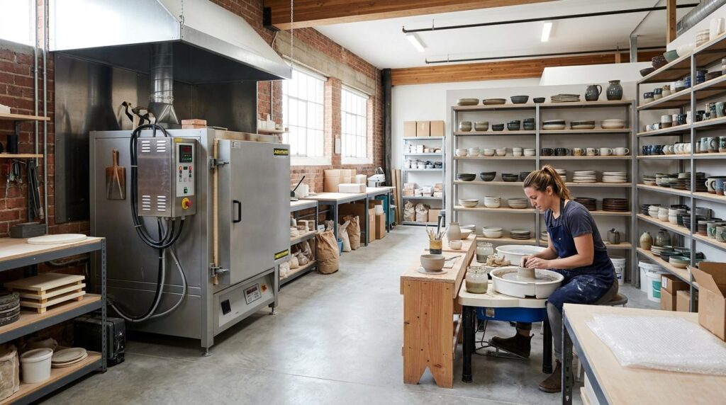 Wide angle shot of a professional ceramic production workspa