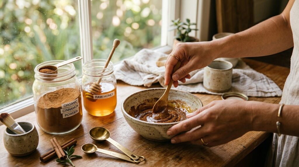 Beauty routine preparation scene: Womans hands mixing cinna
