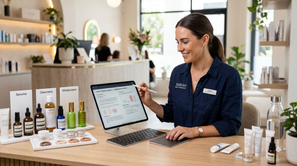 Beauty and skincare professional reviewing client consultati