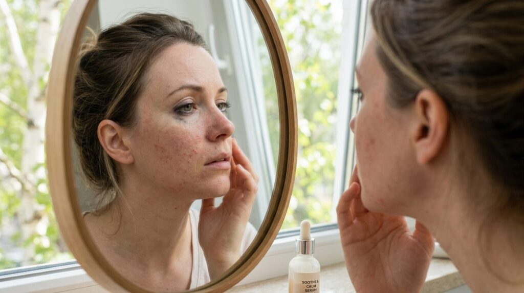 High-quality skincare close-up: Woman with fair skin examini
