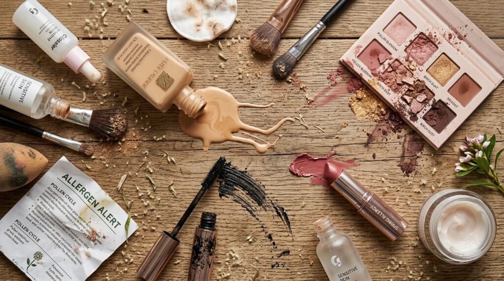 Beauty and allergen concept: Flat lay composition of ruined
