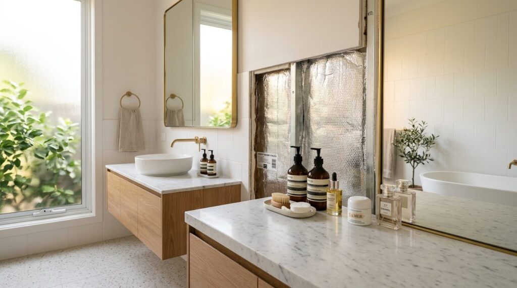 Elegant modern bathroom with luxury vanity mirror and skinca