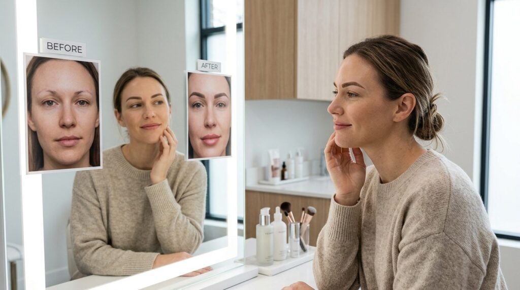 Woman examining her eyebrows and lips in mirror after perman