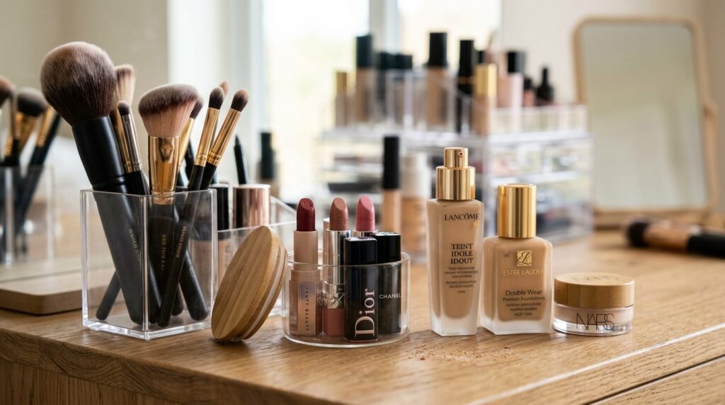 Close-up detailed shot of beauty products including makeup b