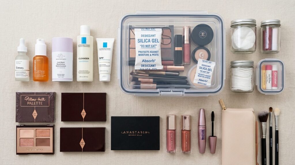 Flat lay composition of skincare and makeup items arranged w